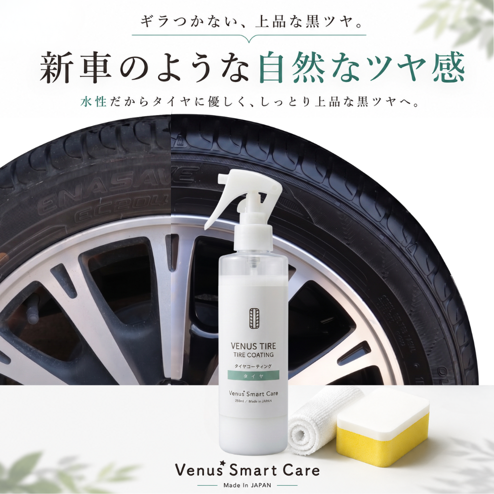 くすんでしまったタイヤを新品タイヤのように上品なツヤを与えることを説明するイメージ画像