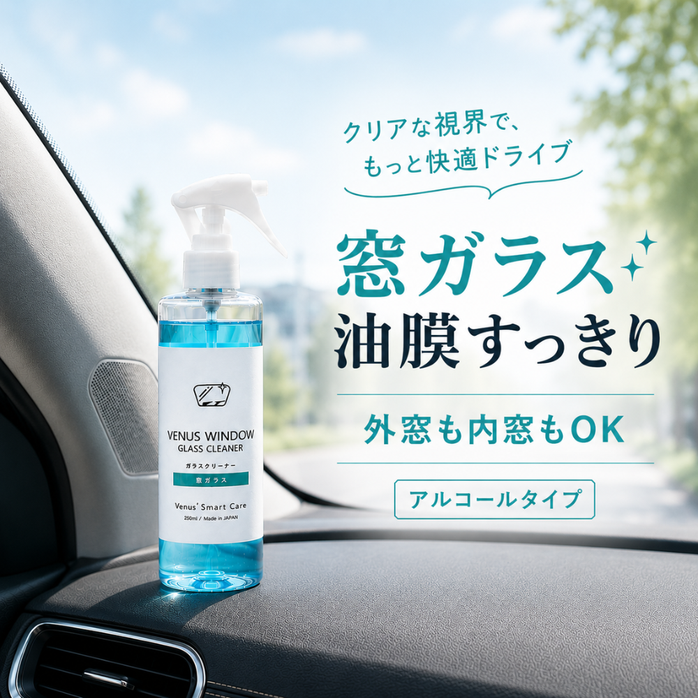 車内で使用できるアルコールタイプのガラスクリーナー「VENUS WINDOW GLASS CLEANER」。窓ガラスの油膜をすっきり落とし、外窓・内窓の両方に対応していることを伝える商品イメージ。