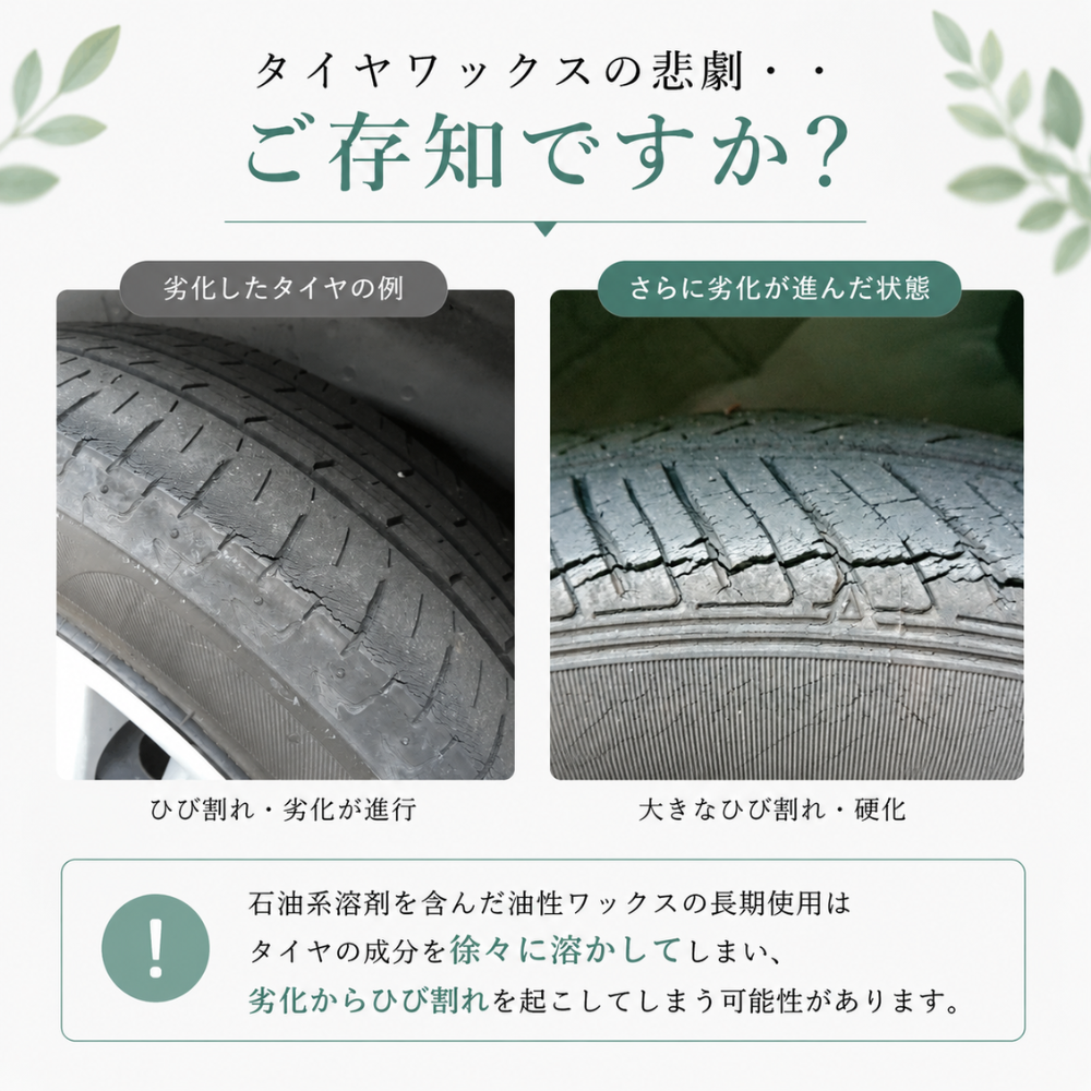 油性ワックスを継続し使用しているとタイヤの成分を徐々に溶かしてしまい、劣化からひび割れを起こしてしまうことを実際の写真を用いて説明。